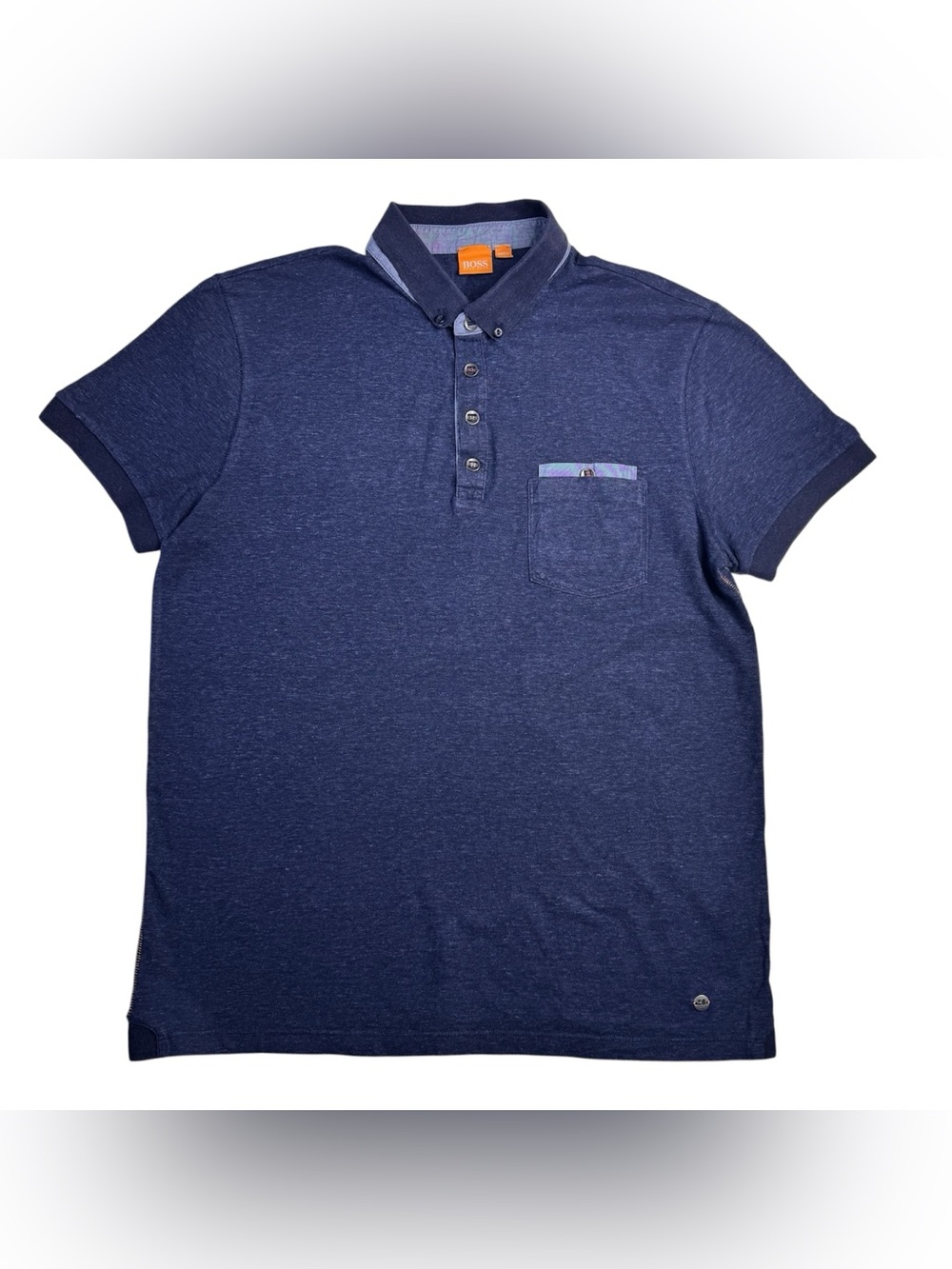 Hugo Boss Orange Men’s Large Blue Short Sleeve Polo Shirt Pocket Button Collar